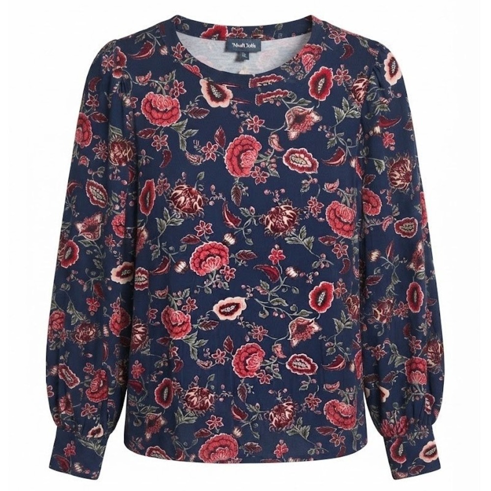 ModCloth Navy Blue Floral Puff Long Sleeve Blouse Top Size Medium Made in USA